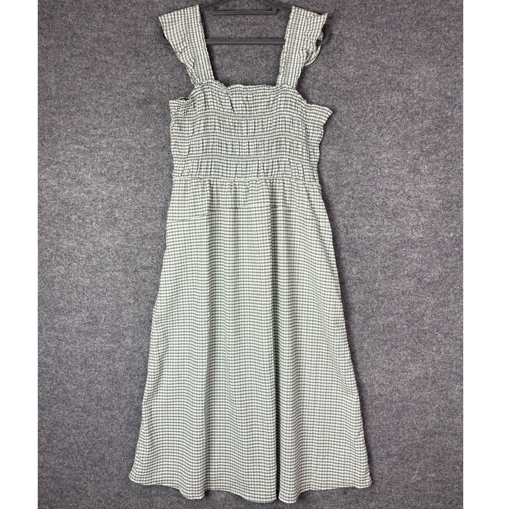 NEW Old Navy Midi Dress Large Green Gingham Smocked Ruffle Strap Seersucker